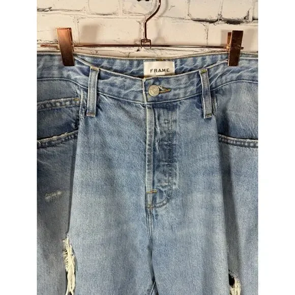 Frame High Rise Relaxed Straight Jeans Distressed Size 33 Light Wash 5 Button - Picture 3 of 9
